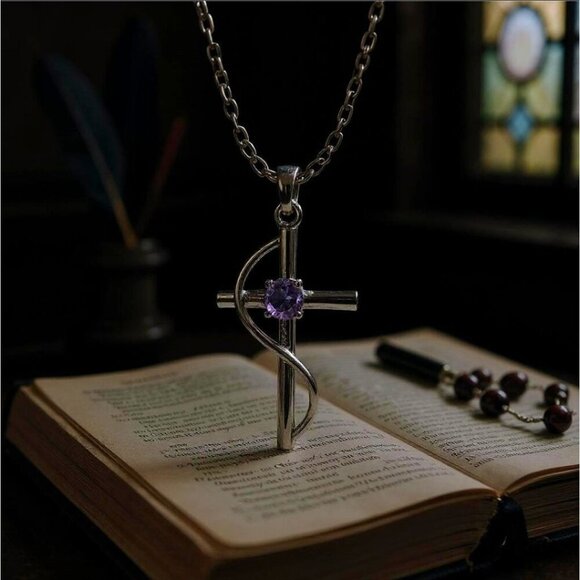 Sterling Silver Cross Pendant Necklace – Purple Amethyst Gemstone 18" Chain - Picture 7 of 8